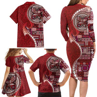 Samoan Siapo Art Tattoo Polynesian Pattern Family Matching Long Sleeve Bodycon Dress and Hawaiian Shirt Red Color - Polynesian Pride
