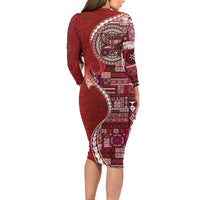 Samoan Siapo Art Tattoo Polynesian Pattern Family Matching Long Sleeve Bodycon Dress and Hawaiian Shirt Red Color - Polynesian Pride
