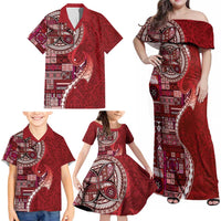Samoan Siapo Art Tattoo Polynesian Pattern Family Matching Off Shoulder Maxi Dress and Hawaiian Shirt Red Color - Polynesian Pride
