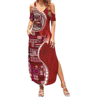 Samoan Siapo Art Tattoo Polynesian Pattern Family Matching Summer Maxi Dress and Hawaiian Shirt Red Color - Polynesian Pride