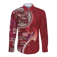 Samoan Siapo Art Tattoo Polynesian Pattern Long Sleeve Button Shirt Red Color LT03 Unisex Red - Polynesian Pride