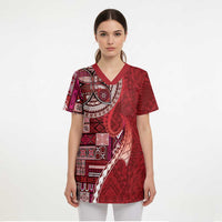 Samoan Siapo Art Tattoo Polynesian Pattern Scrub Top Red Color LT03 - Polynesian Pride