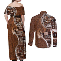 Samoan Siapo Art Tattoo Polynesian Pattern Couples Matching Off Shoulder Maxi Dress and Long Sleeve Button Shirt Brown Color LT03 - Polynesian Pride