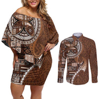Samoan Siapo Art Tattoo Polynesian Pattern Couples Matching Off Shoulder Short Dress and Long Sleeve Button Shirt Brown Color LT03 Brown - Polynesian Pride