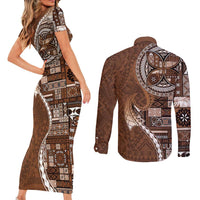 Samoan Siapo Art Tattoo Polynesian Pattern Couples Matching Short Sleeve Bodycon Dress and Long Sleeve Button Shirt Brown Color LT03 - Polynesian Pride