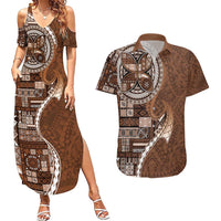 Samoan Siapo Art Tattoo Polynesian Pattern Couples Matching Summer Maxi Dress and Hawaiian Shirt Brown Color LT03 Brown - Polynesian Pride