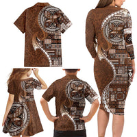 Samoan Siapo Art Tattoo Polynesian Pattern Family Matching Long Sleeve Bodycon Dress and Hawaiian Shirt Brown Color - Polynesian Pride