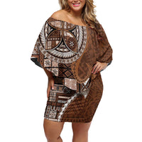 Samoan Siapo Art Tattoo Polynesian Pattern Family Matching Off Shoulder Short Dress and Hawaiian Shirt Brown Color - Polynesian Pride