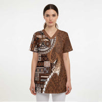 Samoan Siapo Art Tattoo Polynesian Pattern Scrub Top Brown Color LT03 - Polynesian Pride