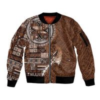 Samoan Siapo Art Tattoo Polynesian Pattern Sleeve Zip Bomber Jacket Brown Color - Polynesian Pride