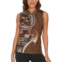 Samoan Siapo Art Tattoo Polynesian Pattern Women Sleeveless Polo Shirt Brown Color - Polynesian Pride