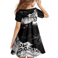 New Zealand Kea Bird Kid Short Sleeve Dress Maori Tattoo and Silver Fern Black Color