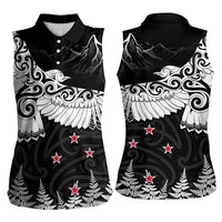 New Zealand Kea Bird Women Sleeveless Polo Shirt Maori Tattoo and Silver Fern Black Color