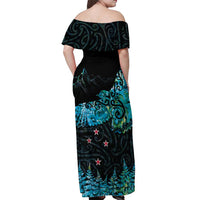 New Zealand Kea Bird Off Shoulder Maxi Dress Maori Tattoo and Silver Fern Paua Shell Style