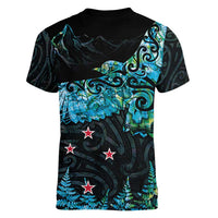 New Zealand Kea Bird Women V-Neck T-Shirt Maori Tattoo and Silver Fern Paua Shell Style