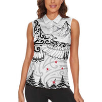 New Zealand Kea Bird Women Sleeveless Polo Shirt Maori Tattoo and Silver Fern White Color