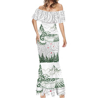 New Zealand Kea Bird Mermaid Dress Maori Tattoo and Silver Fern Green Color