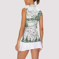 New Zealand Kea Bird Women Sleeveless Polo Shirt Maori Tattoo and Silver Fern Green Color