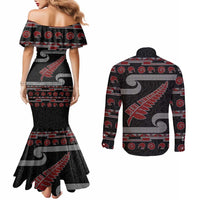 New Zealand Christmas Couples Matching Mermaid Dress and Long Sleeve Button Shirt Meri Kirihimete Silver Fern Knit Style Red Color - Polynesian Pride
