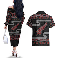 New Zealand Christmas Couples Matching Off The Shoulder Long Sleeve Dress and Hawaiian Shirt Meri Kirihimete Silver Fern Knit Style Red Color - Polynesian Pride