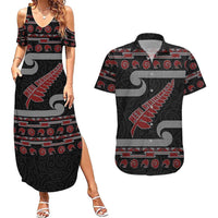 New Zealand Christmas Couples Matching Summer Maxi Dress and Hawaiian Shirt Meri Kirihimete Silver Fern Knit Style Red Color - Polynesian Pride