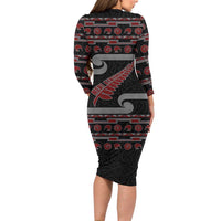 New Zealand Christmas Family Matching Long Sleeve Bodycon Dress and Hawaiian Shirt Meri Kirihimete Silver Fern Knit Style Red Color - Polynesian Pride