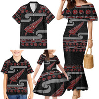 New Zealand Christmas Family Matching Mermaid Dress and Hawaiian Shirt Meri Kirihimete Silver Fern Knit Style Red Color - Polynesian Pride
