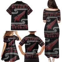 New Zealand Christmas Family Matching Puletasi and Hawaiian Shirt Meri Kirihimete Silver Fern Knit Style Red Color - Polynesian Pride