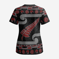 New Zealand Christmas Scrub Top Meri Kirihimete Silver Fern Knit Style Red Color - Polynesian Pride