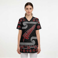 New Zealand Christmas Scrub Top Meri Kirihimete Silver Fern Knit Style Red Color - Polynesian Pride