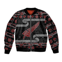New Zealand Christmas Sleeve Zip Bomber Jacket Meri Kirihimete Silver Fern Knit Style Red Color - Polynesian Pride