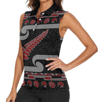 New Zealand Christmas Women Sleeveless Polo Shirt Meri Kirihimete Silver Fern Knit Style Red Color - Polynesian Pride