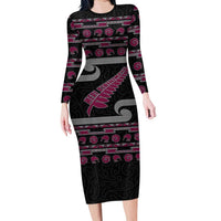 New Zealand Christmas Family Matching Long Sleeve Bodycon Dress and Hawaiian Shirt Meri Kirihimete Silver Fern Knit Style Pink Color - Polynesian Pride