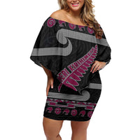 New Zealand Christmas Off Shoulder Short Dress Meri Kirihimete Silver Fern Knit Style Pink Color - Polynesian Pride