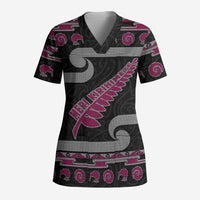 New Zealand Christmas Scrub Top Meri Kirihimete Silver Fern Knit Style Pink Color - Polynesian Pride