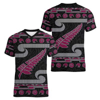 New Zealand Christmas Women V-Neck T-Shirt Meri Kirihimete Silver Fern Knit Style Pink Color - Polynesian Pride