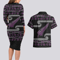 New Zealand Christmas Couples Matching Long Sleeve Bodycon Dress and Hawaiian Shirt Meri Kirihimete Silver Fern Knit Style Purple Color - Polynesian Pride