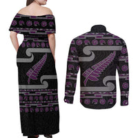 New Zealand Christmas Couples Matching Off Shoulder Maxi Dress and Long Sleeve Button Shirt Meri Kirihimete Silver Fern Knit Style Purple Color - Polynesian Pride