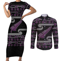 New Zealand Christmas Couples Matching Short Sleeve Bodycon Dress and Long Sleeve Button Shirt Meri Kirihimete Silver Fern Knit Style Purple Color - Polynesian Pride