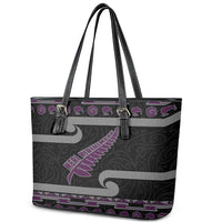 New Zealand Christmas Leather Tote Bag Meri Kirihimete Silver Fern Knit Style Purple Color - Polynesian Pride
