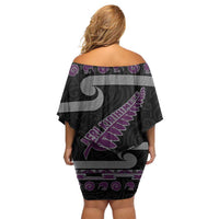 New Zealand Christmas Off Shoulder Short Dress Meri Kirihimete Silver Fern Knit Style Purple Color - Polynesian Pride