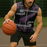 New Zealand Christmas Sleeveless Zip Hoodie Meri Kirihimete Silver Fern Knit Style Purple Color - Polynesian Pride