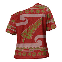 New Zealand Christmas Cross Shoulder Shirt Meri Kirihimete Silver Fern Knit Style Green Color - Polynesian Pride