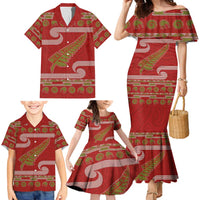 New Zealand Christmas Family Matching Mermaid Dress and Hawaiian Shirt Meri Kirihimete Silver Fern Knit Style Green Color - Polynesian Pride