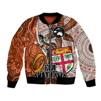 Fiji Australia Rugby Bomber Jacket Kangaroo and Palm Tree Orange Tapa Pattern Mix Aboriginal LT03 Unisex Orange - Polynesian Pride