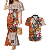 Fiji Australia Rugby Couples Matching Mermaid Dress and Hawaiian Shirt Kangaroo and Palm Tree Orange Tapa Pattern Mix Aboriginal LT03 Orange - Polynesian Pride