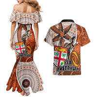 Fiji Australia Rugby Couples Matching Mermaid Dress and Hawaiian Shirt Kangaroo and Palm Tree Orange Tapa Pattern Mix Aboriginal LT03 - Polynesian Pride