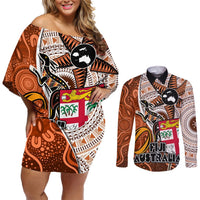 Fiji Australia Rugby Couples Matching Off Shoulder Short Dress and Long Sleeve Button Shirts Kangaroo and Palm Tree Orange Tapa Pattern Mix Aboriginal LT03 Orange - Polynesian Pride