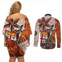 Fiji Australia Rugby Couples Matching Off Shoulder Short Dress and Long Sleeve Button Shirts Kangaroo and Palm Tree Orange Tapa Pattern Mix Aboriginal LT03 - Polynesian Pride