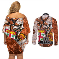 Fiji Australia Rugby Couples Matching Off Shoulder Short Dress and Long Sleeve Button Shirts Kangaroo and Palm Tree Orange Tapa Pattern Mix Aboriginal LT03 - Polynesian Pride